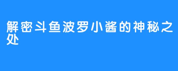 解密斗鱼波罗小酱的神秘之处